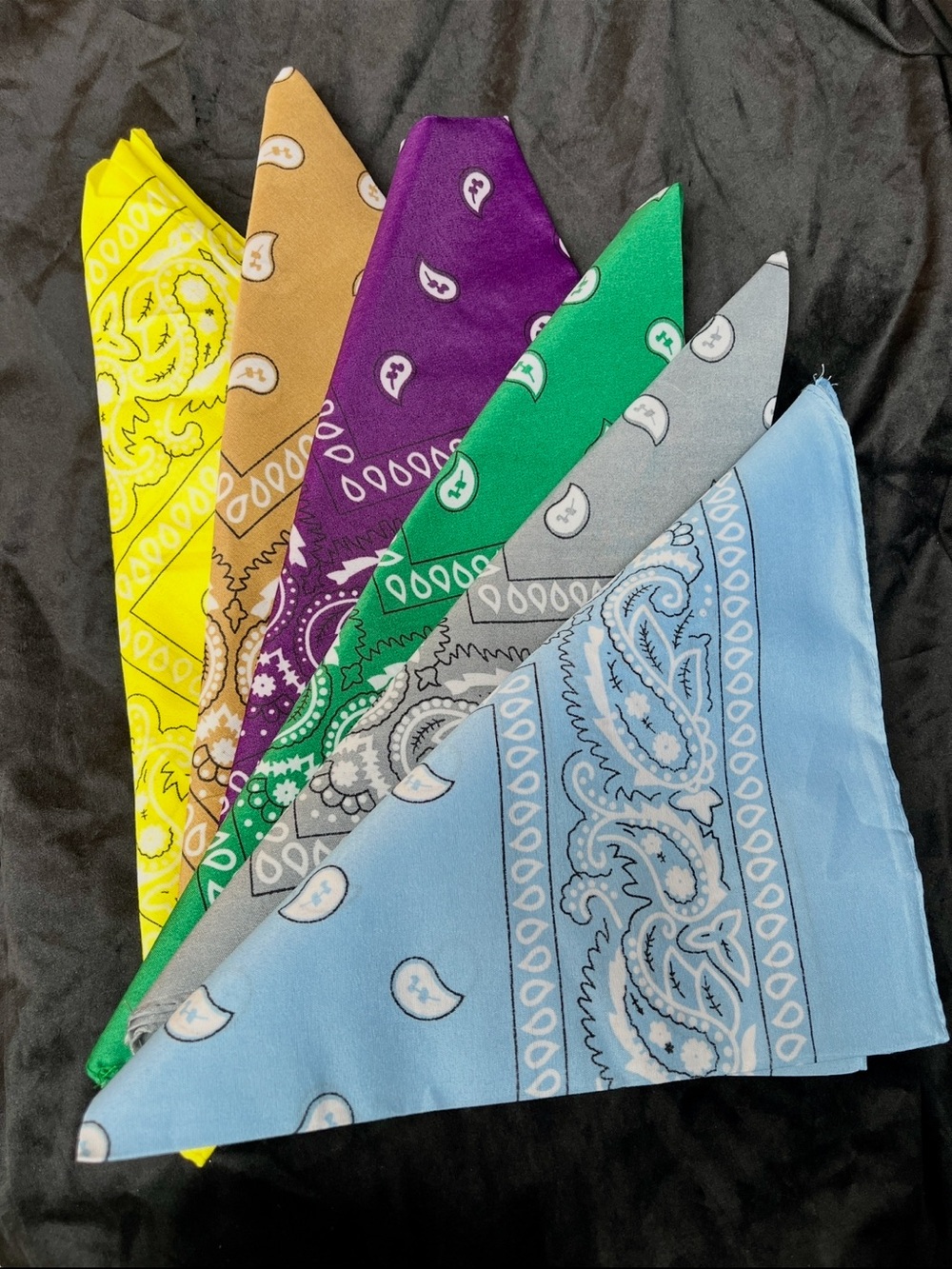 6 Pc Paisley Bandana Head Scarf Lot Yellow Purple Green Blue Gray Tan
